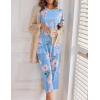 Ekouaer Women’s Capri Pajama Sets Print Short Sleeve Sleepwear Top and Capri Pants Soft Loungewear with Pocket(Blue Pink Flowers)