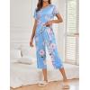 Ekouaer Women’s Capri Pajama Sets Print Short Sleeve Sleepwear Top and Capri Pants Soft Loungewear with Pocket(Blue Pink Flowers)