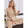 Ekouaer Womens Pajama Set Ribbed Knit PJs 2 Piece Lounge Set Long Sleeve Top and Pants Comfy Sleepwear with Pockets(Khaki)