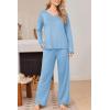 Ekouaer Womens Pajama Set Ribbed Knit PJs 2 Piece Lounge Set Long Sleeve Top and Pants Comfy Sleepwear with Pockets(Light Blue)