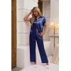 Ekouaer Womens Satin Pajamas Set Silky Two-piece Short Sleeve and Long Pants Sleepwear Button-Down Pj Sets With Pockets(Navy Blue)