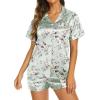 Ekouaer Women’s Silk Satin Pajama Set Short Sleeve Pjs Shorts Set Comfy Button Down 2 Piece Sleepwear Loungewear(Floral Light Green With White)
