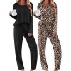 Ekouaer 2 Pack Womens Pajama Sets Long Sleeve Sleepwear Long Pants Loungewear Soft Pjs Set with Pockets S-XXL(Black/Leopard)