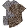 Ekouaer 2 Pack Womens Pajama Sets Short Sleeve Sleepwear Top with Shorts Pjs Soft Comfy Loungewear S-XXL(Gray Leopard/Brown Leopard)