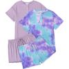 Ekouaer 2 Pack Womens Pajama Sets Short Sleeve Sleepwear Top with Shorts Pjs Soft Comfy Loungewear S-XXL(Tie Dye Blue Purple/Light Purple)