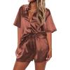 Ekouaer Pajamas for Women Silk Satin Pjs Soft Sleepwear Short Sleeve Button Down Pjs Top and Shorts 2 Piece Lounge Set S-XXL(Brown)