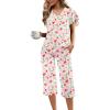 Ekouaer Womens Pajama Sets Ruffle Short Sleeve Sleepwear Top and Capri Pants Pjs Set Comfy 2 Piece Lounge Set S-XXL(Floral White Red)
