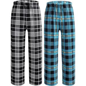 Ekouaer 2 Pack: Boys Pajamas Pants Soft Elastic Waist PJ Bottoms Comfy Lounge Long Pants with 2 Pockets 4-14 Years(Black Plaid_blue Plaid)