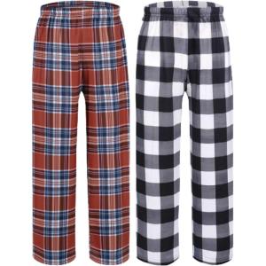 Ekouaer 2 Pack: Boys Pajamas Pants Soft Elastic Waist PJ Bottoms Comfy Lounge Long Pants with 2 Pockets 4-14 Years(Black Plaid_brown Plaid)