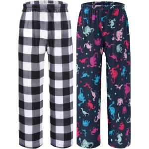 Ekouaer 2 Pack: Boys Pajamas Pants Soft Elastic Waist PJ Bottoms Comfy Lounge Long Pants with 2 Pockets 4-14 Years(Black Plaid_dinosaur)