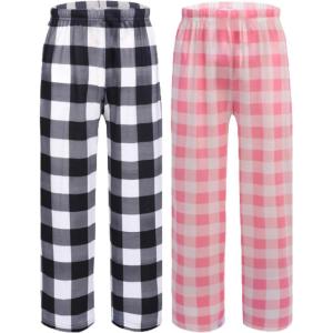 Ekouaer 2 Pack: Boys Pajamas Pants Soft Elastic Waist PJ Bottoms Comfy Lounge Long Pants with 2 Pockets 4-14 Years(Black Plaid_pink Plaid)