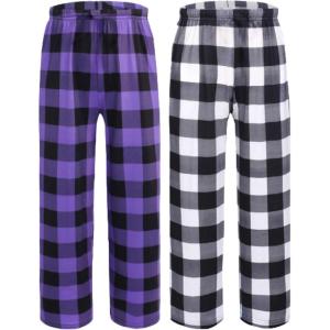 Ekouaer 2 Pack: Boys Pajamas Pants Soft Elastic Waist PJ Bottoms Comfy Lounge Long Pants with 2 Pockets 4-14 Years(Black Plaid_purple Plaid)