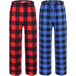 Ekouaer 2 Pack: Boys Pajamas Pants Soft Elastic Waist PJ Bottoms Comfy Lounge Long Pants with 2 Pockets 4-14 Years(Red Plaid_blue Plaid)