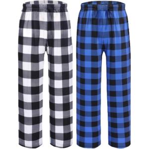 Ekouaer 2 Pack: Boys Pajamas Pants Soft Elastic Waist PJ Bottoms Comfy Lounge Long Pants with 2 Pockets 4-14 Years(White Plaid_blue Plaid)