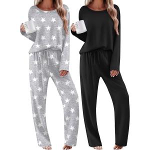 Ekouaer 2 Pack Womens Pajama Sets Long Sleeve Sleepwear Long Pants Loungewear Soft Pjs Set with Pockets S-XXL(Black/Light Grey Stars)