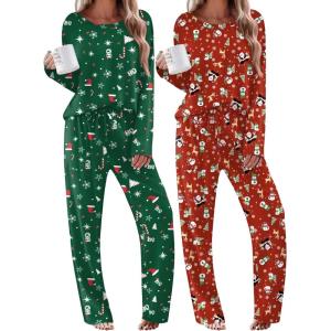 Ekouaer 2 Pack Womens Pajama Sets Long Sleeve Sleepwear Long Pants Loungewear Soft Pjs Set with Pockets S-XXL(Christmas Red/Christmas Green)