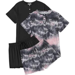 Ekouaer 2 Pack Womens Pajama Sets Short Sleeve Sleepwear Top with Shorts Pjs Soft Comfy Loungewear S-XXL(A-tie Dye Black Pink/Black)