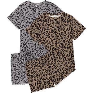 Ekouaer 2 Pack Womens Pajama Sets Short Sleeve Sleepwear Top with Shorts Pjs Soft Comfy Loungewear S-XXL(Gray Leopard/Brown Leopard)