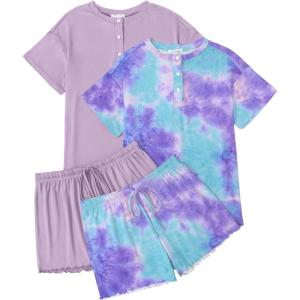 Ekouaer 2 Pack Womens Pajama Sets Short Sleeve Sleepwear Top with Shorts Pjs Soft Comfy Loungewear S-XXL(Tie Dye Blue Purple/Light Purple)