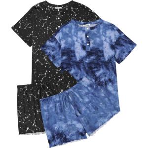 Ekouaer 2 Pack Womens Pajama Sets Short Sleeve Sleepwear Top with Shorts Pjs Soft Comfy Loungewear S-XXL(Tie Dye Blue/Black Sky)