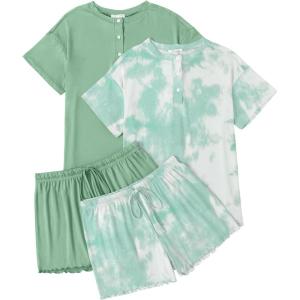Ekouaer 2 Pack Womens Pajama Sets Short Sleeve Sleepwear Top with Shorts Pjs Soft Comfy Loungewear S-XXL(Tie Dye Light Green/Green)