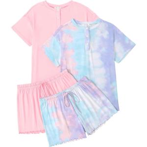 Ekouaer 2 Pack Womens Pajama Sets Short Sleeve Sleepwear Top with Shorts Pjs Soft Comfy Loungewear S-XXL(Tie Dye Pink Blue/Pink)