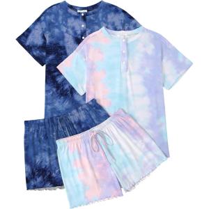 Ekouaer 2 Pack Womens Pajama Sets Short Sleeve Sleepwear Top with Shorts Pjs Soft Comfy Loungewear S-XXL(Tie Dye Pink Blue/Tie Dye Blue)
