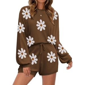 Ekouaer Knit Pajamas Set for Women Lounge Wear Sets Long Sleeve Sweatsuit Matching 2 Piece Outfits Casual Sweater Sets S-XXL(Floral Brown)