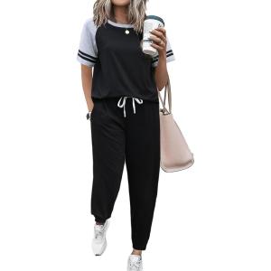 Ekouaer Lounge Sets for Women Two Piece Pajama Set Short Sleeve Crewneck Jogger Outfits and Sweatpants Tracksuit(Black)