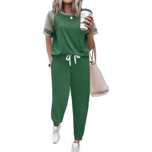 Ekouaer Lounge Sets for Women Two Piece Pajama Set Short Sleeve Crewneck Jogger Outfits and Sweatpants Tracksuit(Green)