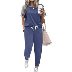 Ekouaer Lounge Sets for Women Two Piece Pajama Set Short Sleeve Crewneck Jogger Outfits and Sweatpants Tracksuit(Navy Army)