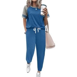 Ekouaer Lounge Sets for Women Two Piece Pajama Set Short Sleeve Crewneck Jogger Outfits and Sweatpants Tracksuit(Navy Blue)