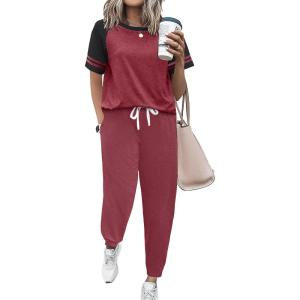 Ekouaer Lounge Sets for Women Two Piece Pajama Set Short Sleeve Crewneck Jogger Outfits and Sweatpants Tracksuit(Wine Red)