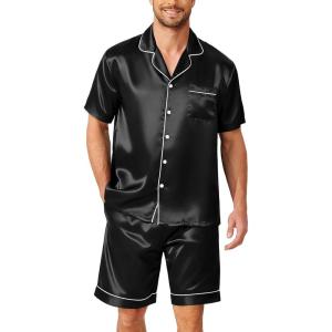 Ekouaer Mens Pajamas Set Silk Satin Sleepwear Short Sleeve Button Down Pjs Set 2 Piece Loungewear with Pockets S-XXL(Black)