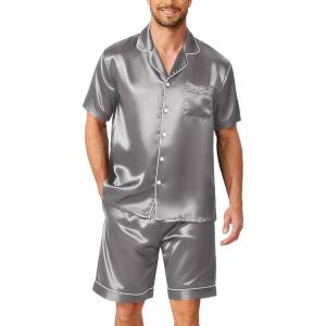 Ekouaer Mens Pajamas Set Silk Satin Sleepwear Short Sleeve Button Down Pjs Set 2 Piece Loungewear with Pockets S-XXL(Dark Grey)