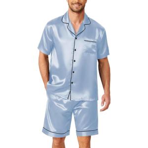Ekouaer Mens Pajamas Set Silk Satin Sleepwear Short Sleeve Button Down Pjs Set 2 Piece Loungewear with Pockets S-XXL(Light Blue)