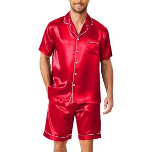 Ekouaer Mens Pajamas Set Silk Satin Sleepwear Short Sleeve Button Down Pjs Set 2 Piece Loungewear with Pockets S-XXL(Red)