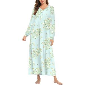 Ekouaer Nightgown Long Sleeve for Women Sleepwear V Neck Loungewear Button Full Length Nightshirt(Floral Light Green)