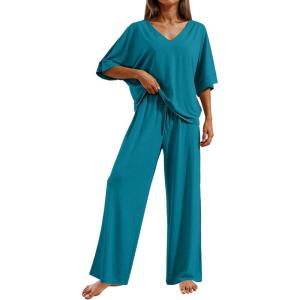 Ekouaer Pajama Sets for Women 2 Piece Lounge Set Short Sleeve Tops and Long Pants Soft Comfy Pjs Sleepwear Outfits S-XXL(Blue Green)