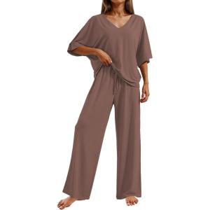 Ekouaer Pajama Sets for Women 2 Piece Lounge Set Short Sleeve Tops and Long Pants Soft Comfy Pjs Sleepwear Outfits S-XXL(Brown)