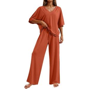 Ekouaer Pajama Sets for Women 2 Piece Lounge Set Short Sleeve Tops and Long Pants Soft Comfy Pjs Sleepwear Outfits S-XXL(Caramel)