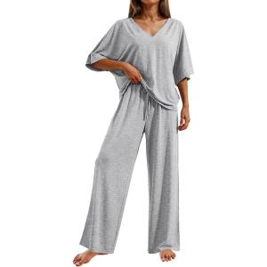 Ekouaer Pajama Sets for Women 2 Piece Lounge Set Short Sleeve Tops and Long Pants Soft Comfy Pjs Sleepwear Outfits S-XXL(Light Grey)