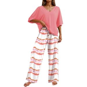 Ekouaer Pajama Sets for Women 2 Piece Lounge Set Short Sleeve Tops and Long Pants Soft Comfy Pjs Sleepwear Outfits S-XXL(Ombre Orange Pink)