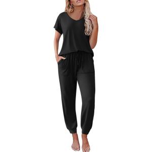 Ekouaer Pajama Sets for Women 2 Piece Lounge Sets Short Sleeve Pullover Top and Jogger Pants Pjs Sleepwear Tracksuit S-XXL(Black)