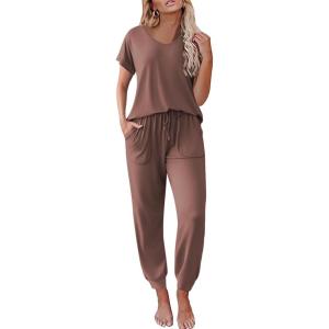 Ekouaer Pajama Sets for Women 2 Piece Lounge Sets Short Sleeve Pullover Top and Jogger Pants Pjs Sleepwear Tracksuit S-XXL(Brown)