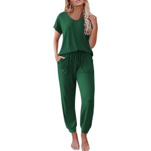 Ekouaer Pajama Sets for Women 2 Piece Lounge Sets Short Sleeve Pullover Top and Jogger Pants Pjs Sleepwear Tracksuit S-XXL(Dark Green)