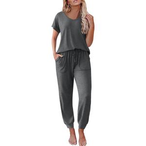 Ekouaer Pajama Sets for Women 2 Piece Lounge Sets Short Sleeve Pullover Top and Jogger Pants Pjs Sleepwear Tracksuit S-XXL(Dark Grey)