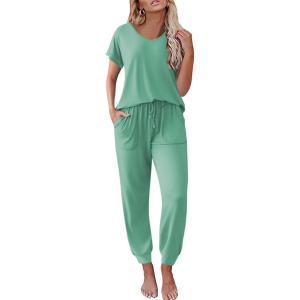 Ekouaer Pajama Sets for Women 2 Piece Lounge Sets Short Sleeve Pullover Top and Jogger Pants Pjs Sleepwear Tracksuit S-XXL(Gray Green)