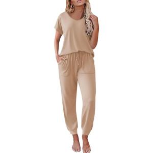 Ekouaer Pajama Sets for Women 2 Piece Lounge Sets Short Sleeve Pullover Top and Jogger Pants Pjs Sleepwear Tracksuit S-XXL(Khaki)