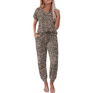 Ekouaer Pajama Sets for Women 2 Piece Lounge Sets Short Sleeve Pullover Top and Jogger Pants Pjs Sleepwear Tracksuit S-XXL(Leopard)